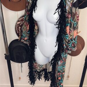Floral Embroidered Sheer Kimono with Fringe